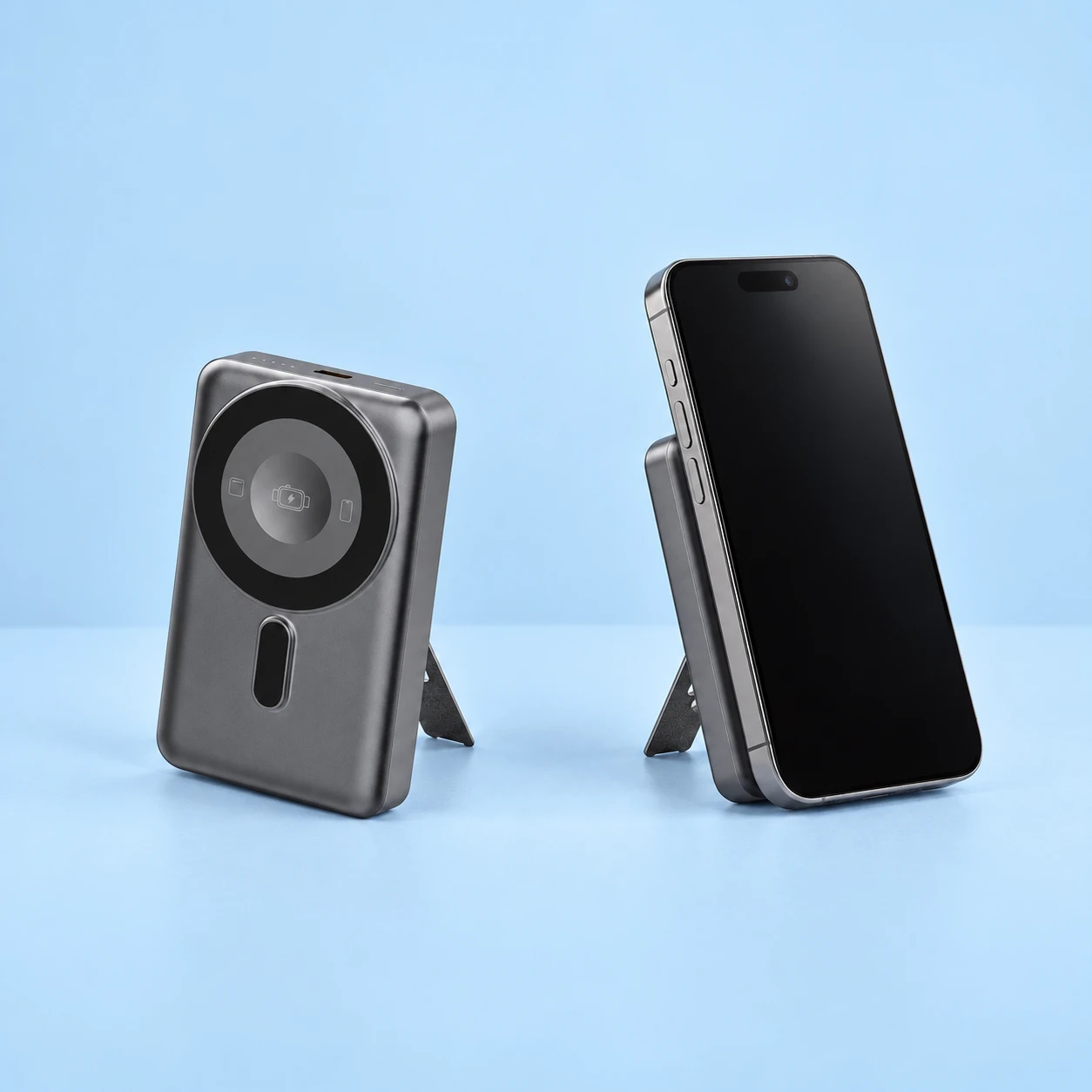 Gray Magnetic Power-Bank Phone Stand with Slim Rear Prop