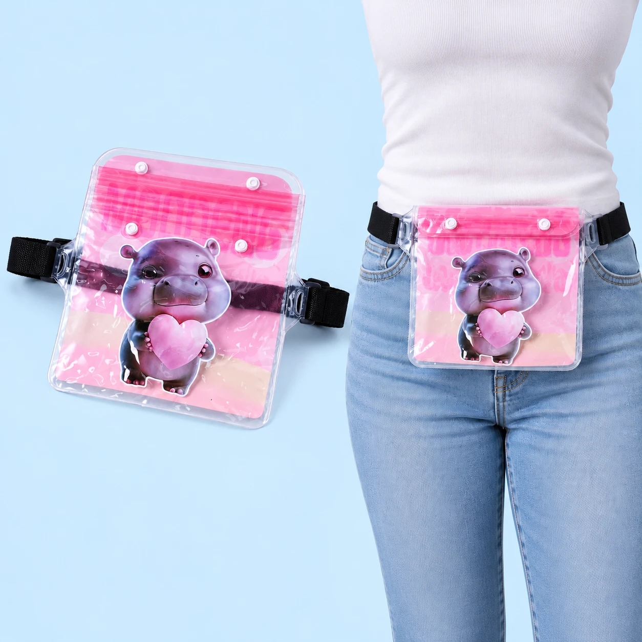 Pink Hippo Sealed Snap-Flap Waterproof Phone Waist Pouch; product and illustrative use on pale blue. Phone and scene props excluded., square composition