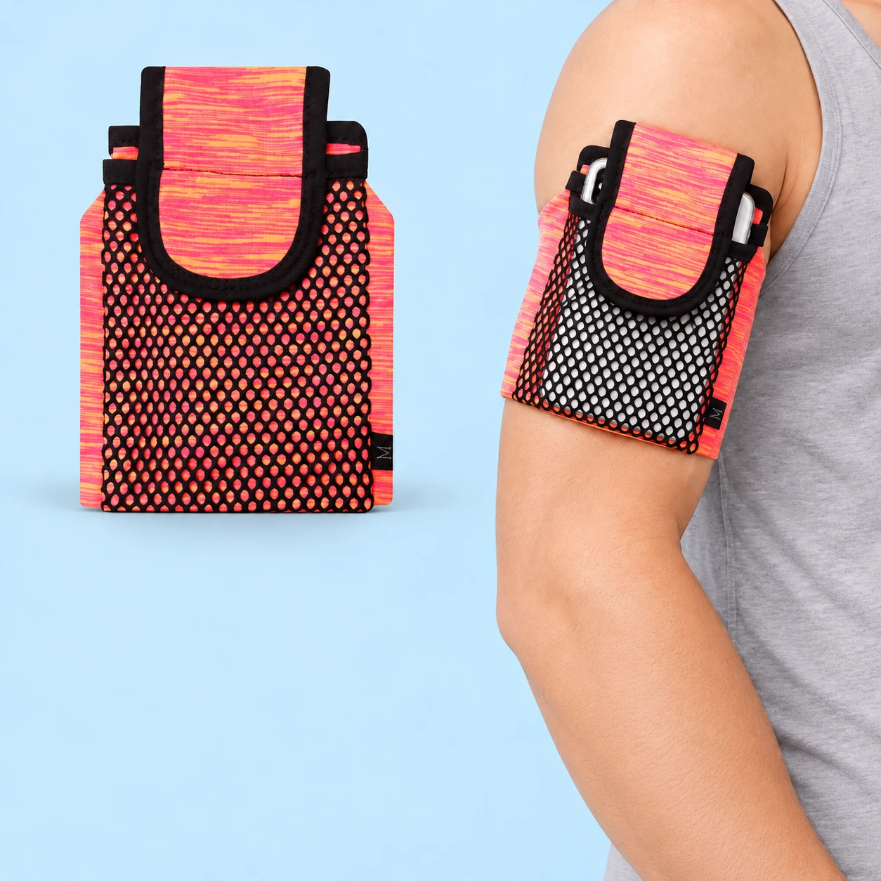 Pink stripe size-M mesh-pocket phone arm sleeve, complete product and stationary adult upper-arm use, square composition
