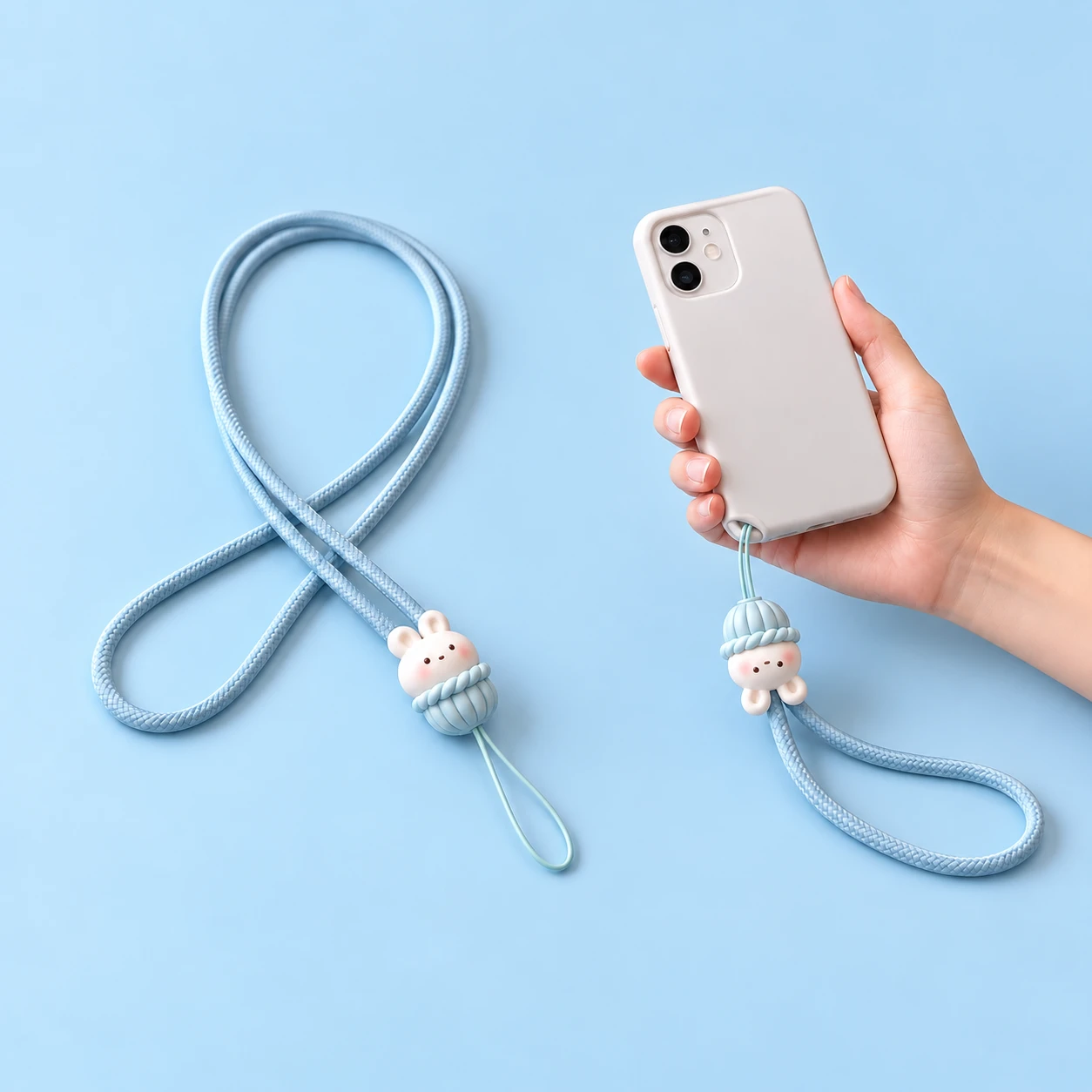 Sky blue long-cord lanyard with molded basket bunny charm and thin case-eyelet tether, shown complete and with a hand-supported phone, square composition