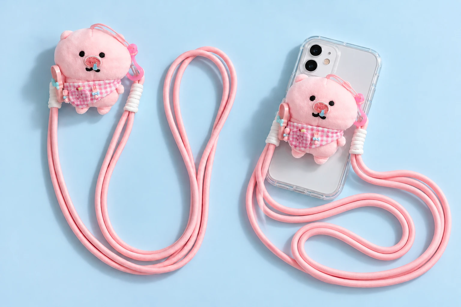 Pink bib-pig plush clip-on phone lanyard complete set and phone-case attachment illustration