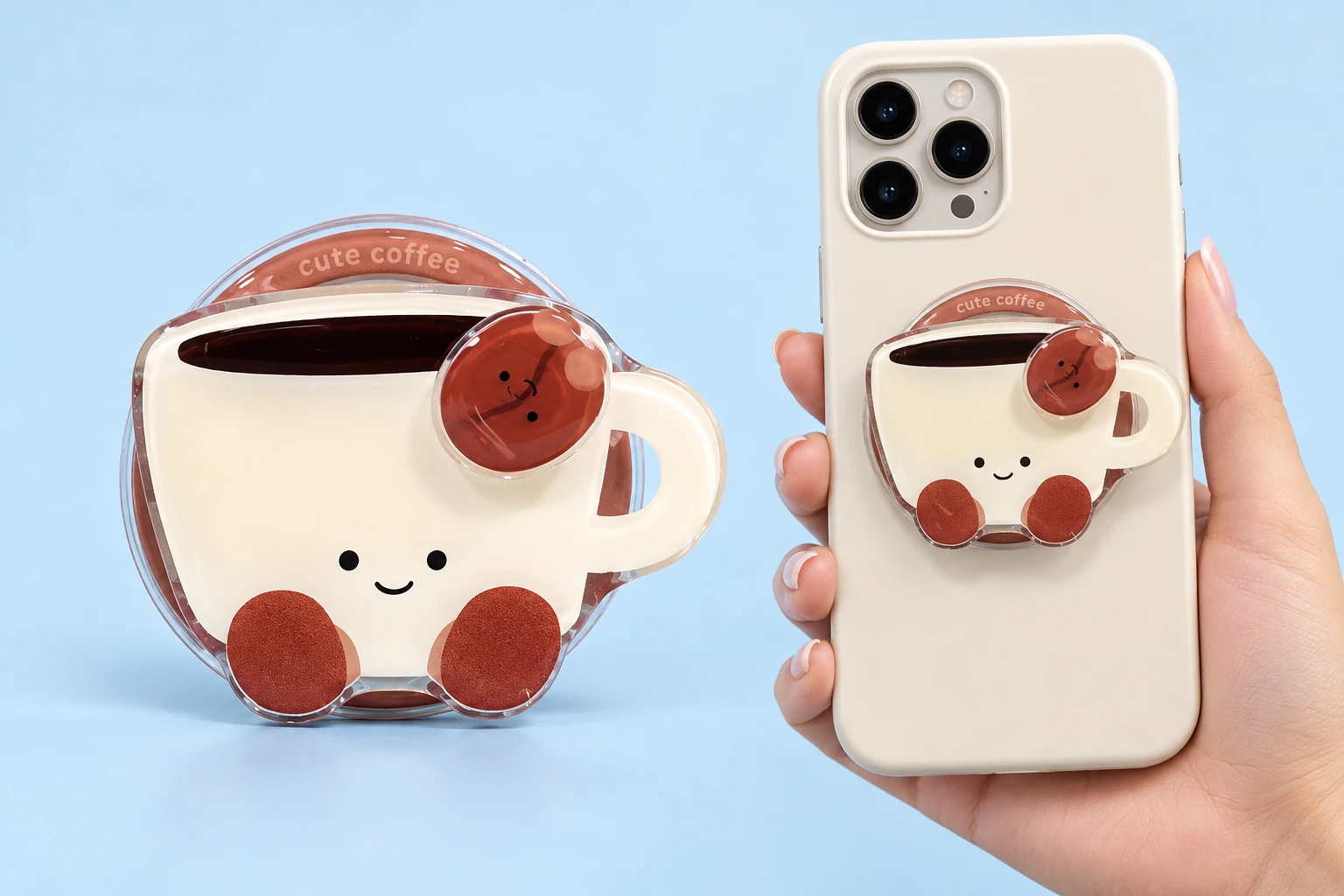 Smiling cream coffee-cup phone grip with brown bean detail, shown complete and mounted flat