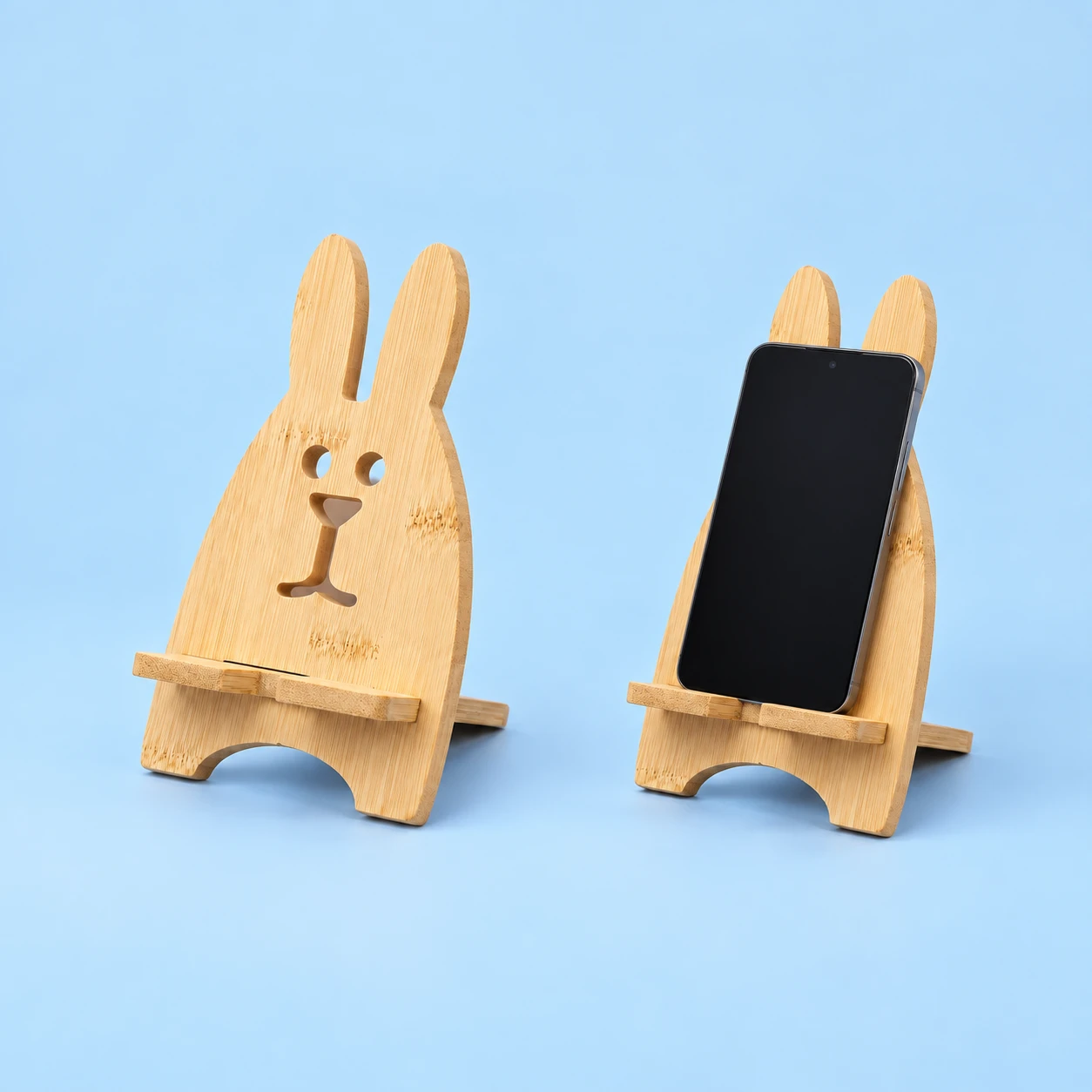 Narrow-eared bamboo rabbit stand with interlocking shelf and portrait phone illustration, square composition