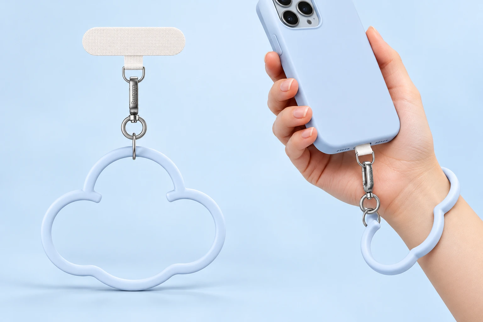 Pale blue cloud wrist phone lanyard, complete cloud loop clasp and white tether tab left and wrist phone use right; phone and case not included