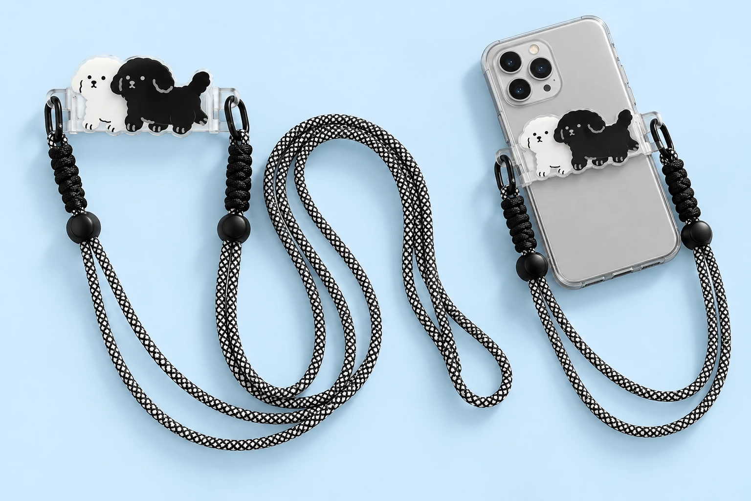 Black and White Twin-Dog Clip-On Phone Lanyard