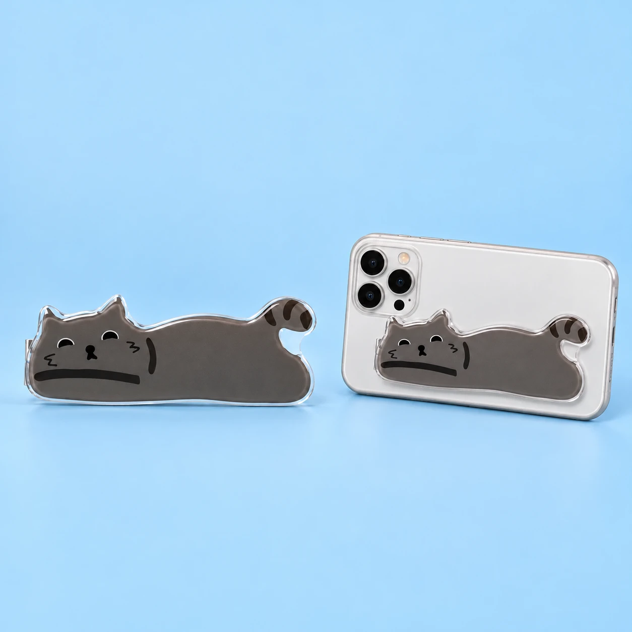Charcoal reclining cat folding phone kickstand and closed landscape phone-back placement, square composition