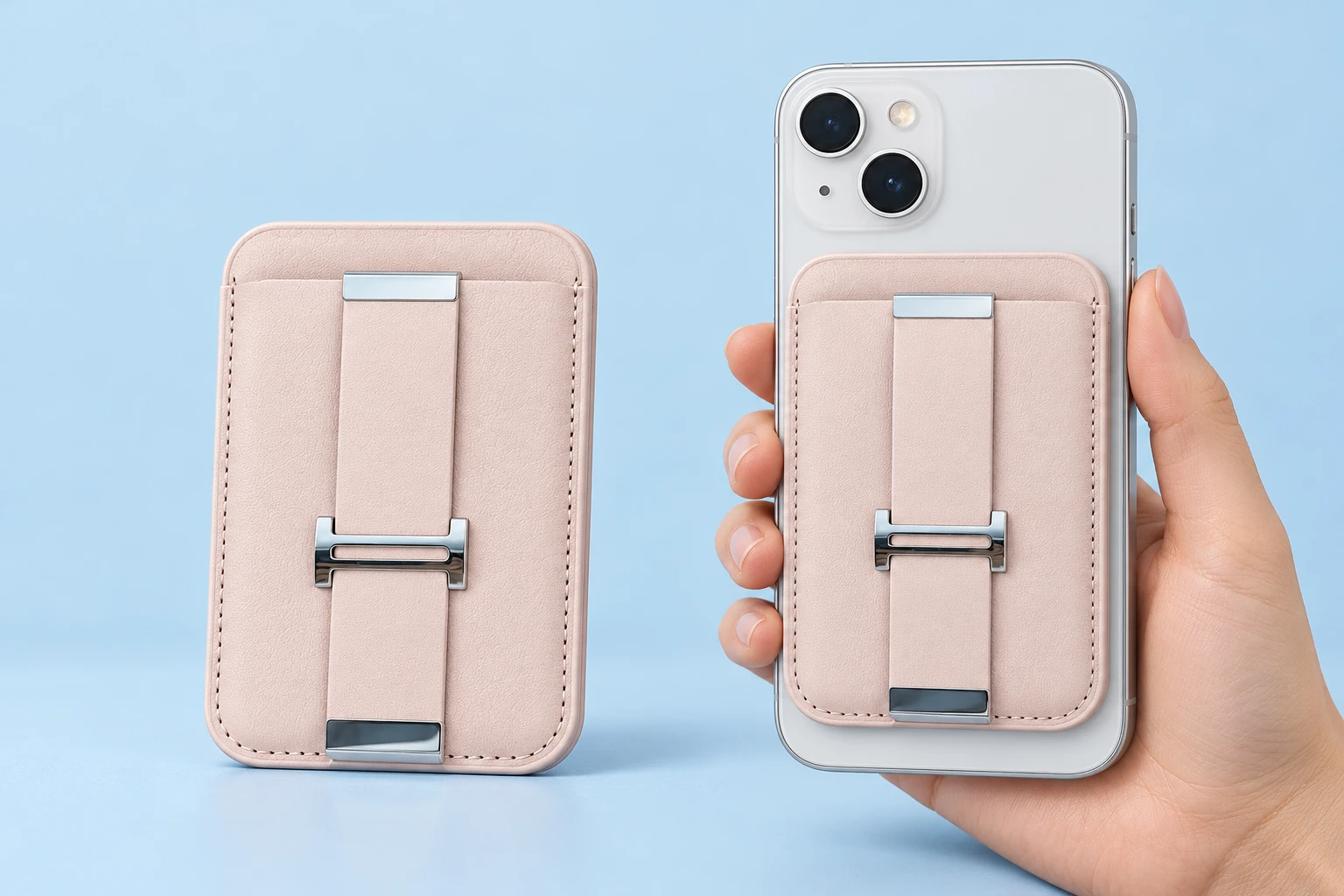 Pale pink magnetic wallet phone stand with flat strap and H-shaped coupler, shown closed on phone