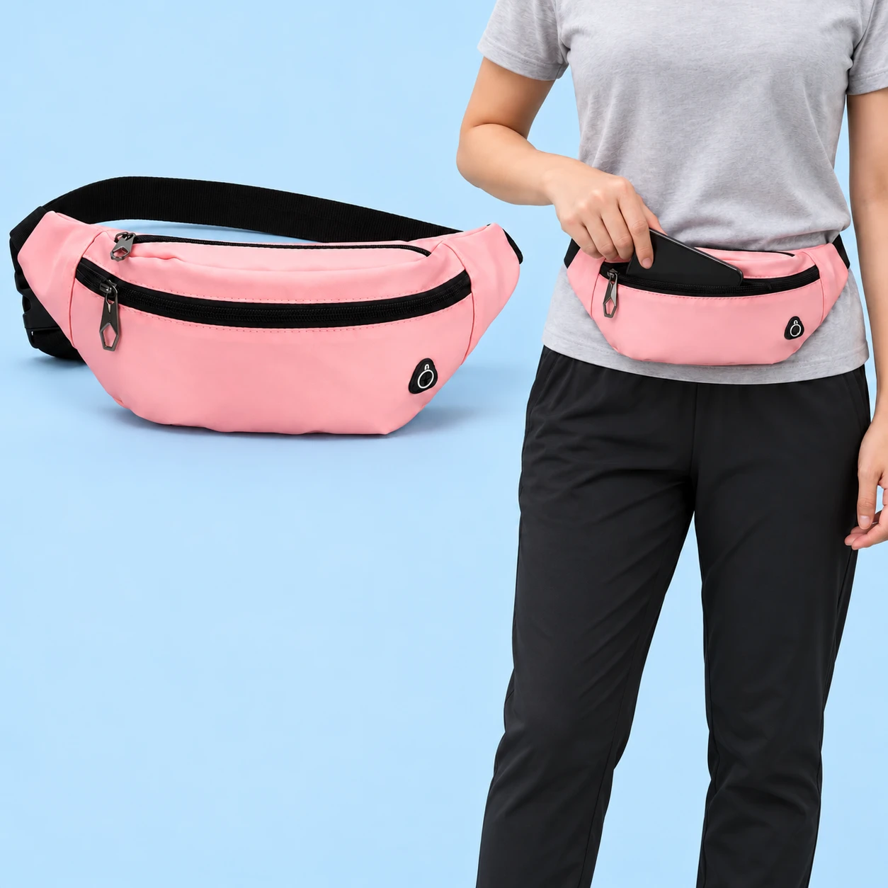 Pink crescent phone belt shown complete and worn with a phone partly inserted in the front zip pocket, square composition