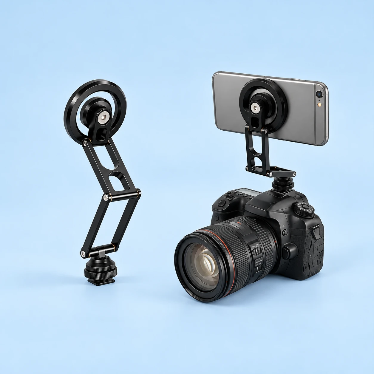 One complete black two-link magnetic phone mount with its original cold-shoe foot at left; the same mount holding a landscape phone on a separate stationary camera at right, on pale blue. Phone, camera and lens are not included., square composition