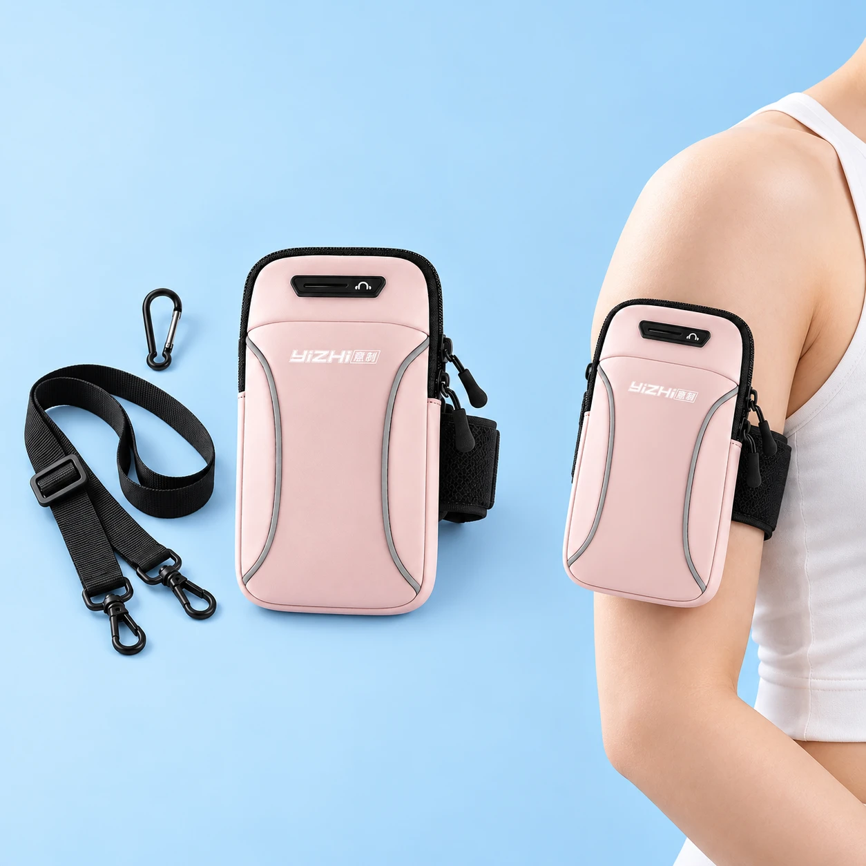 Pastel pink curved-panel phone arm pouch set and stationary upper-arm use, square composition