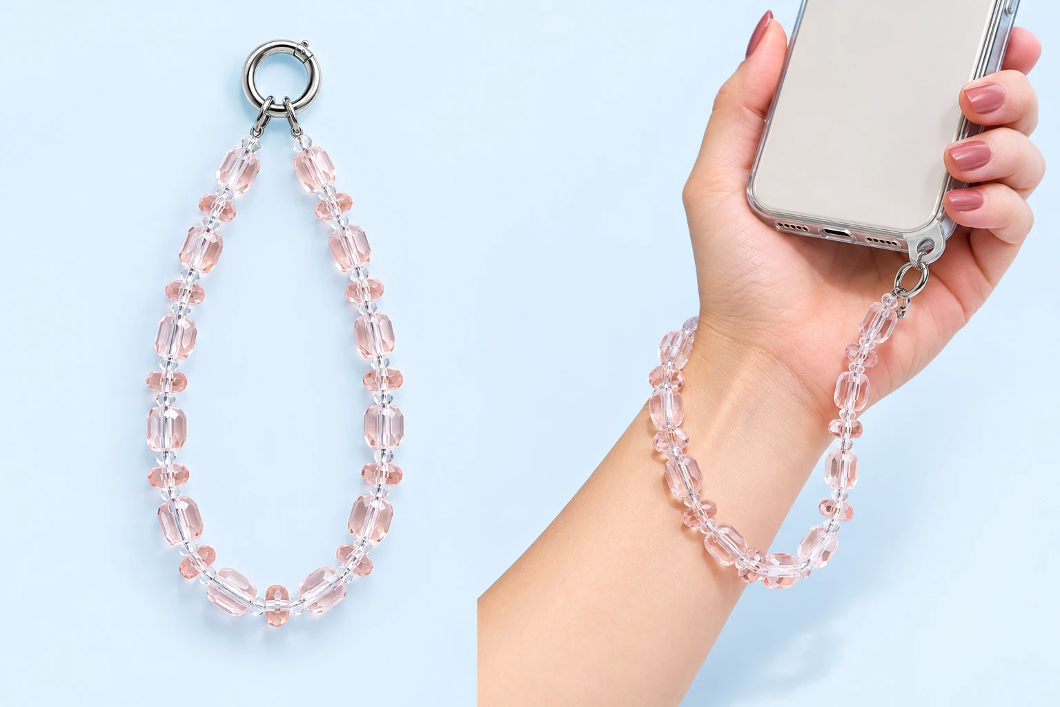 Pale pink faceted-bead wrist phone lanyard and compatible case-eyelet use with a hand supporting the phone