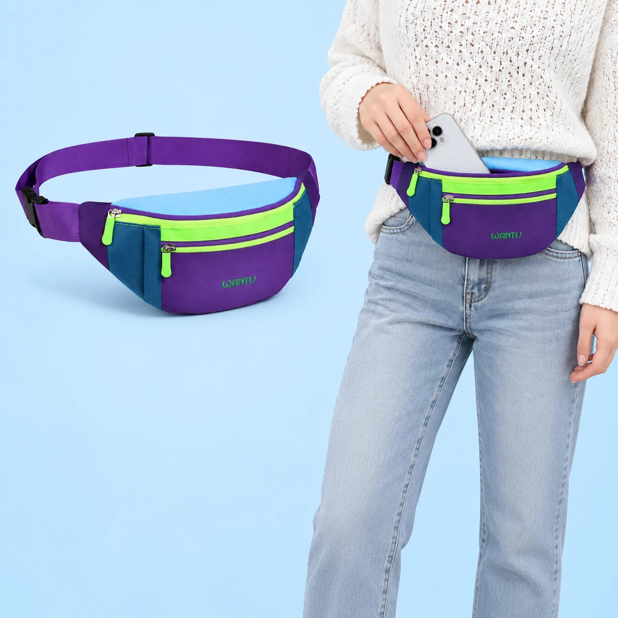 Purple colorblock phone waist pouch and hand-supported partial phone insertion into its top opening, square composition