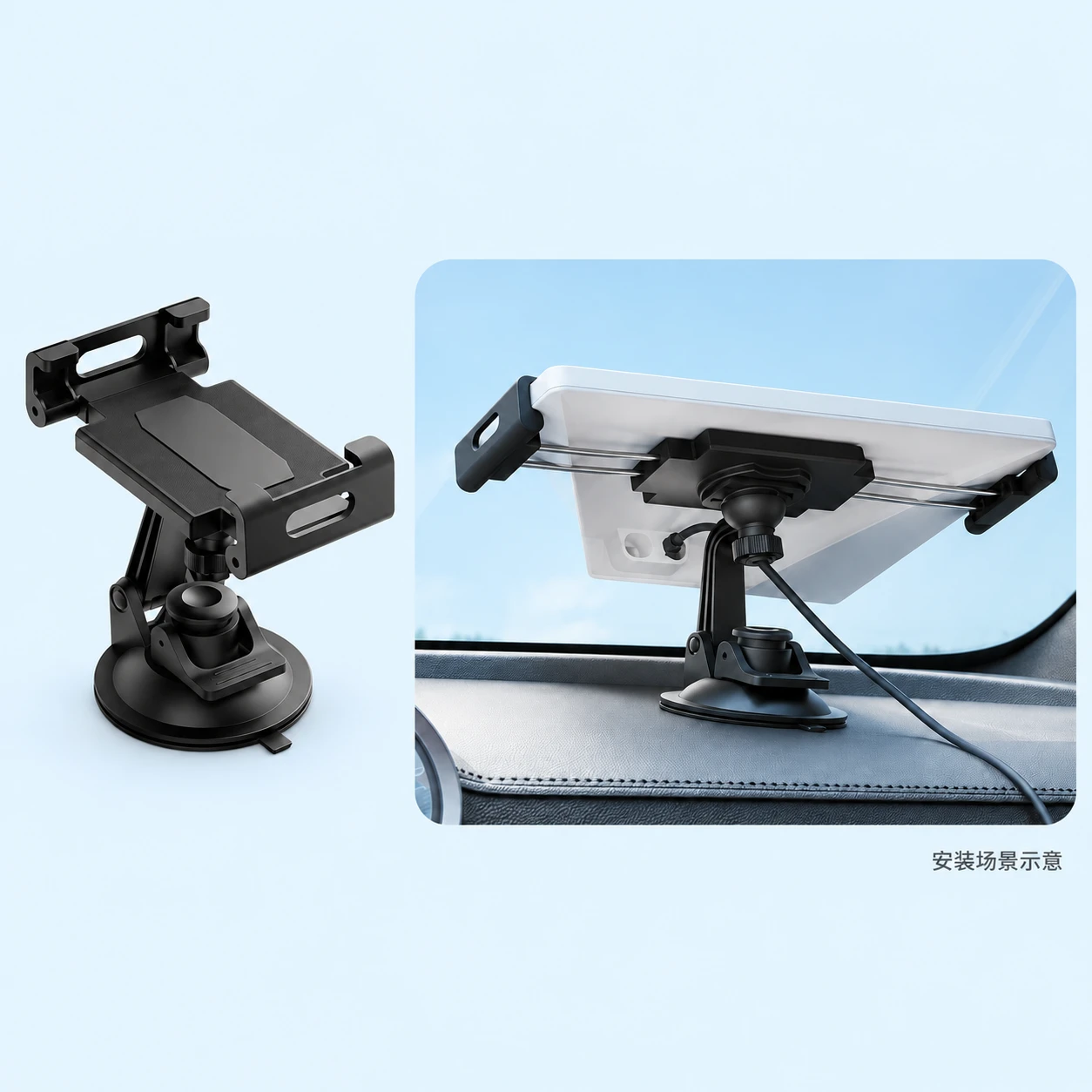 Sliding Edge-Clamp Suction Mount for Starlink Mini. AI installation illustration; Starlink equipment not included., square composition