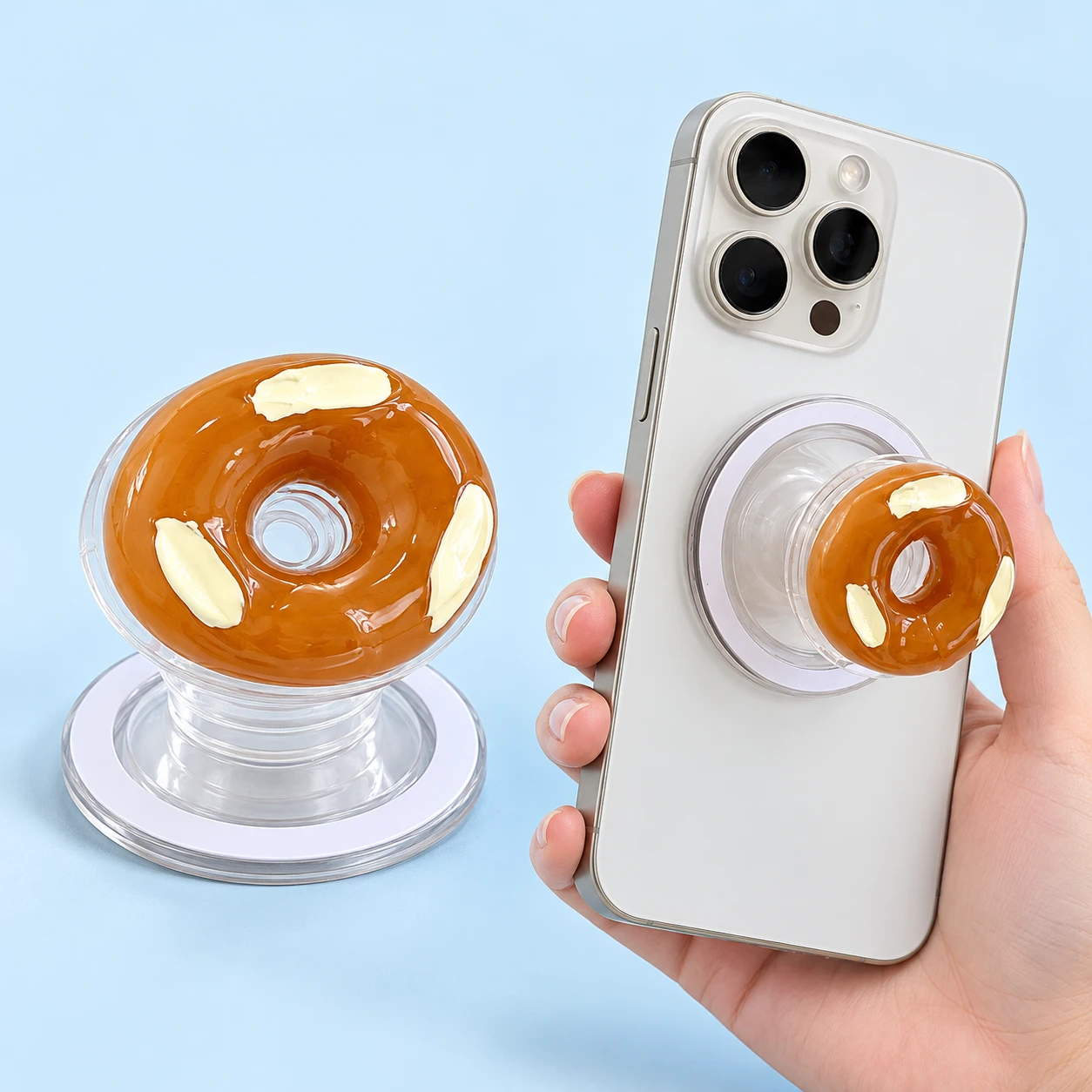 Caramel doughnut magnetic expandable phone grip and source-based hand-supported phone use