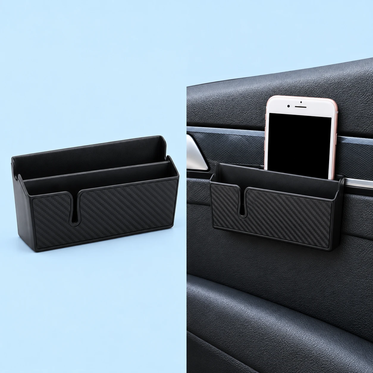 Black DM-020 Two-Depth Phone Storage Pocket; product and illustrative use on pale blue. Phone and scene props excluded., square composition
