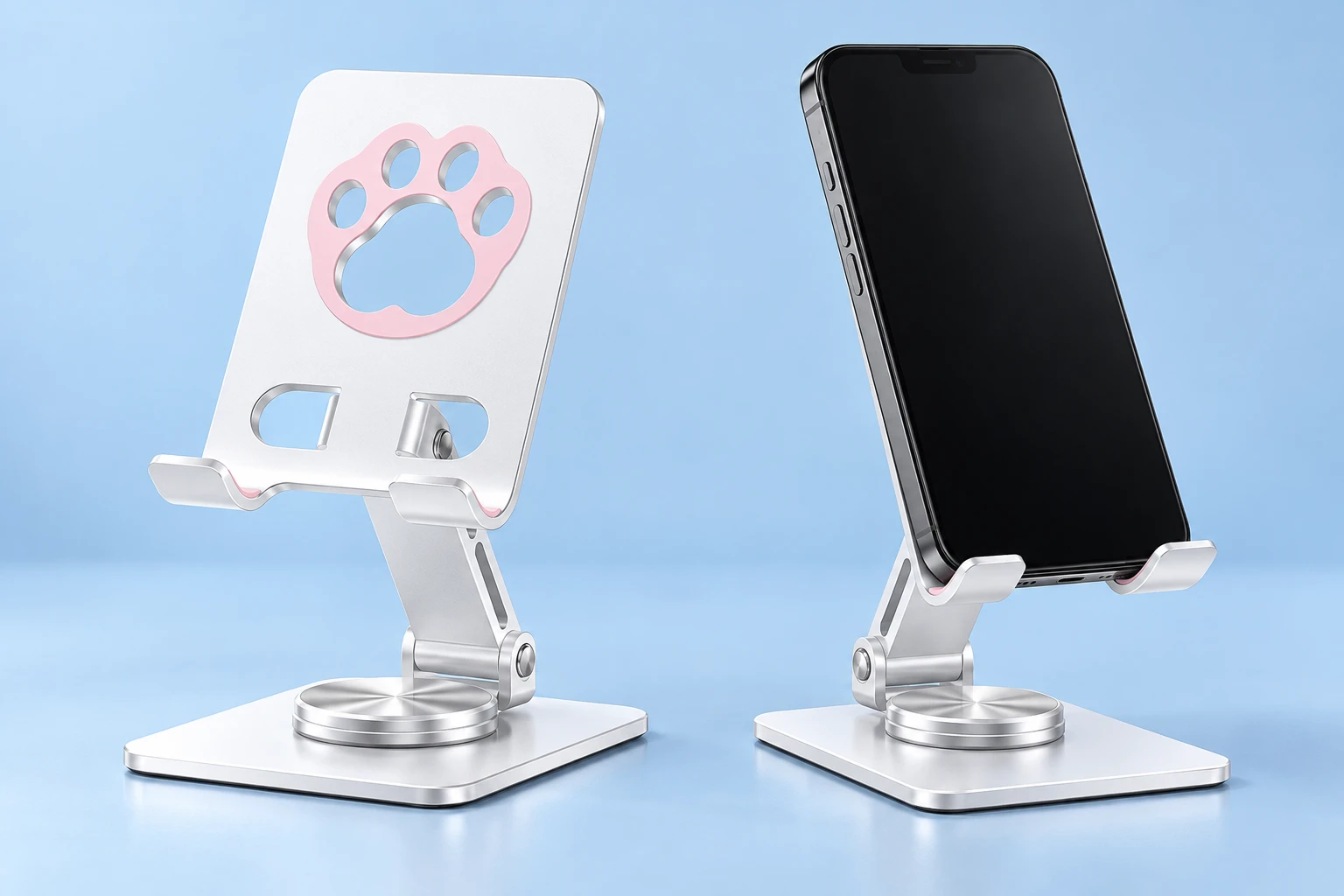 White pink-paw cutout rotating metal phone stand and portrait phone use