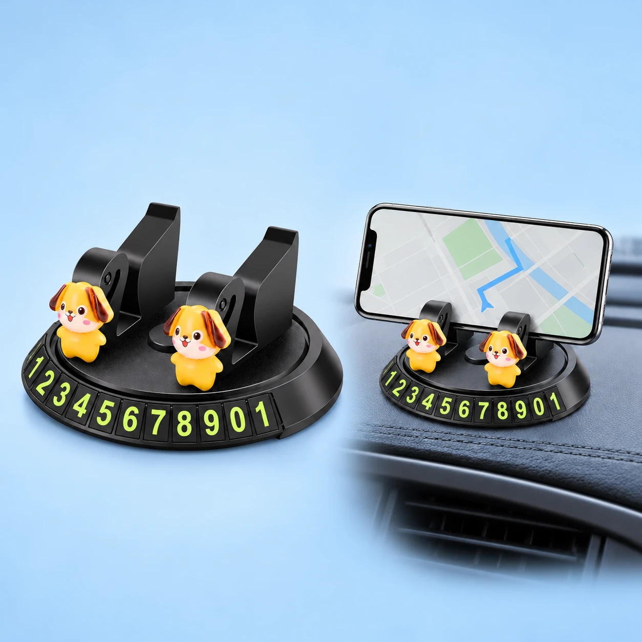 Yellow puppy parking-number dashboard phone cradle, isolated and supporting a landscape phone, square composition
