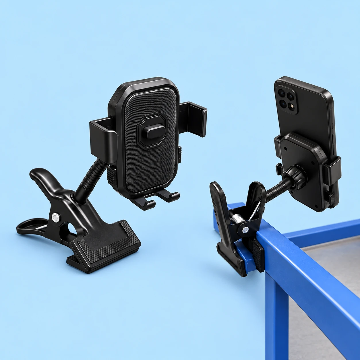 Black Short-Gooseneck Spring-Clamp Phone Holder