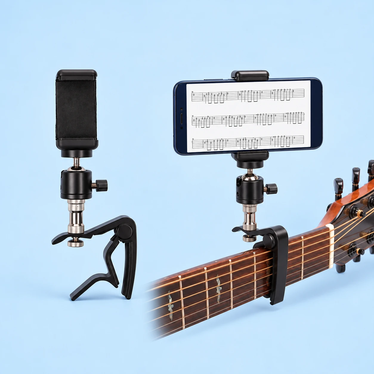 Black Capo-Mount Guitar Phone Holder with Ball Head