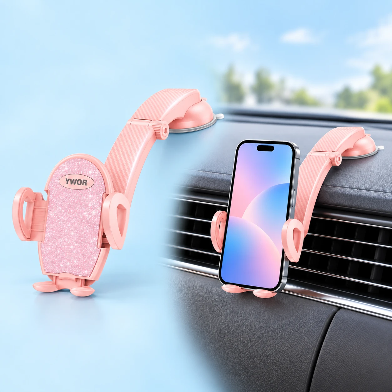Pink heart-jaw phone holder with original long hinged arm and suction base, shown complete and holding a portrait phone on a stationary dashboard, square composition