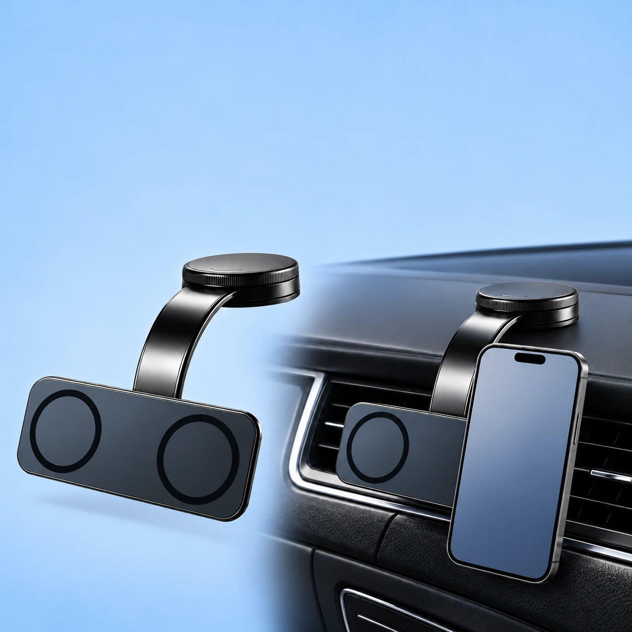 Complete black dual-zone suction phone mount empty at left; the same original curved support holds a demonstration portrait phone at its right magnetic zone on stationary smooth dashboard trim at right. Phone and vehicle are not included., square composition