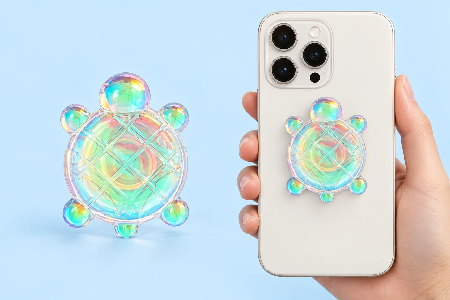 Iridescent bubble turtle phone grip with grid-textured shell and clear base, shown alone and closed on a phone case