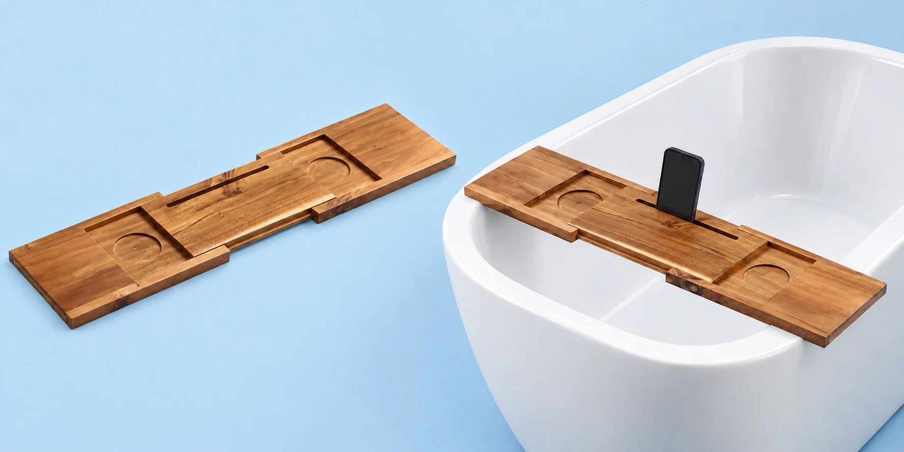 Brown Extendable Bath Tray with Phone Groove