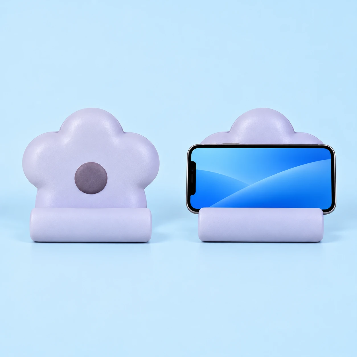 Lilac molded PU foam flower phone cradle with dark center, empty and in an intended landscape-phone illustration, square composition