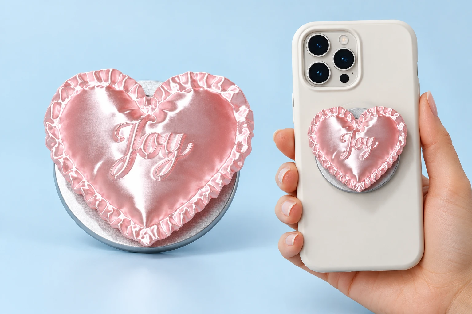 Pink ruffled heart magnetic phone grip with raised Joy lettering shown complete and mounted flat on a phone case