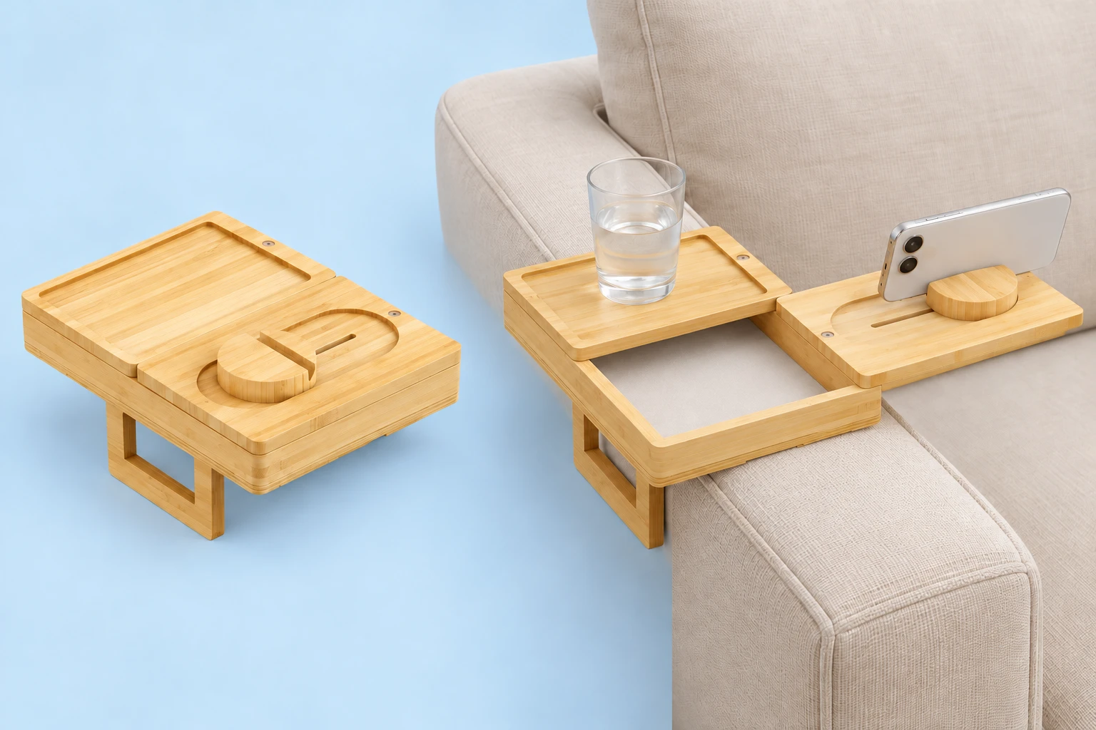 Natural Bamboo Sofa-Arm Storage Tray with Phone Slot