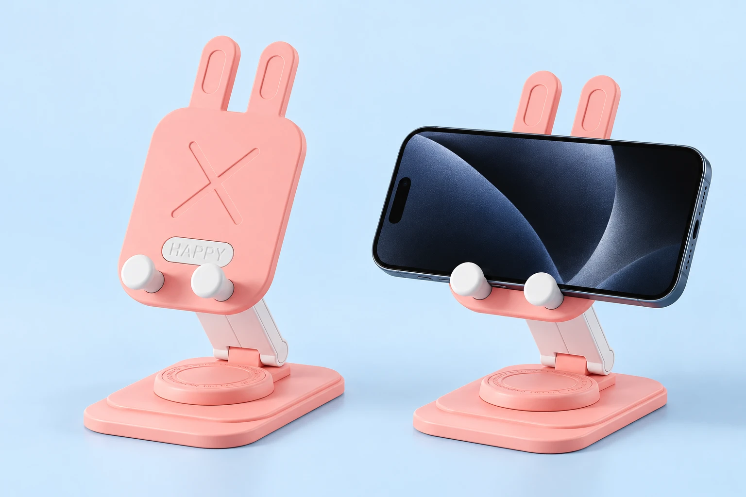 Pink Long-Ear Rabbit Rotating Phone Stand shown complete and supporting a landscape phone