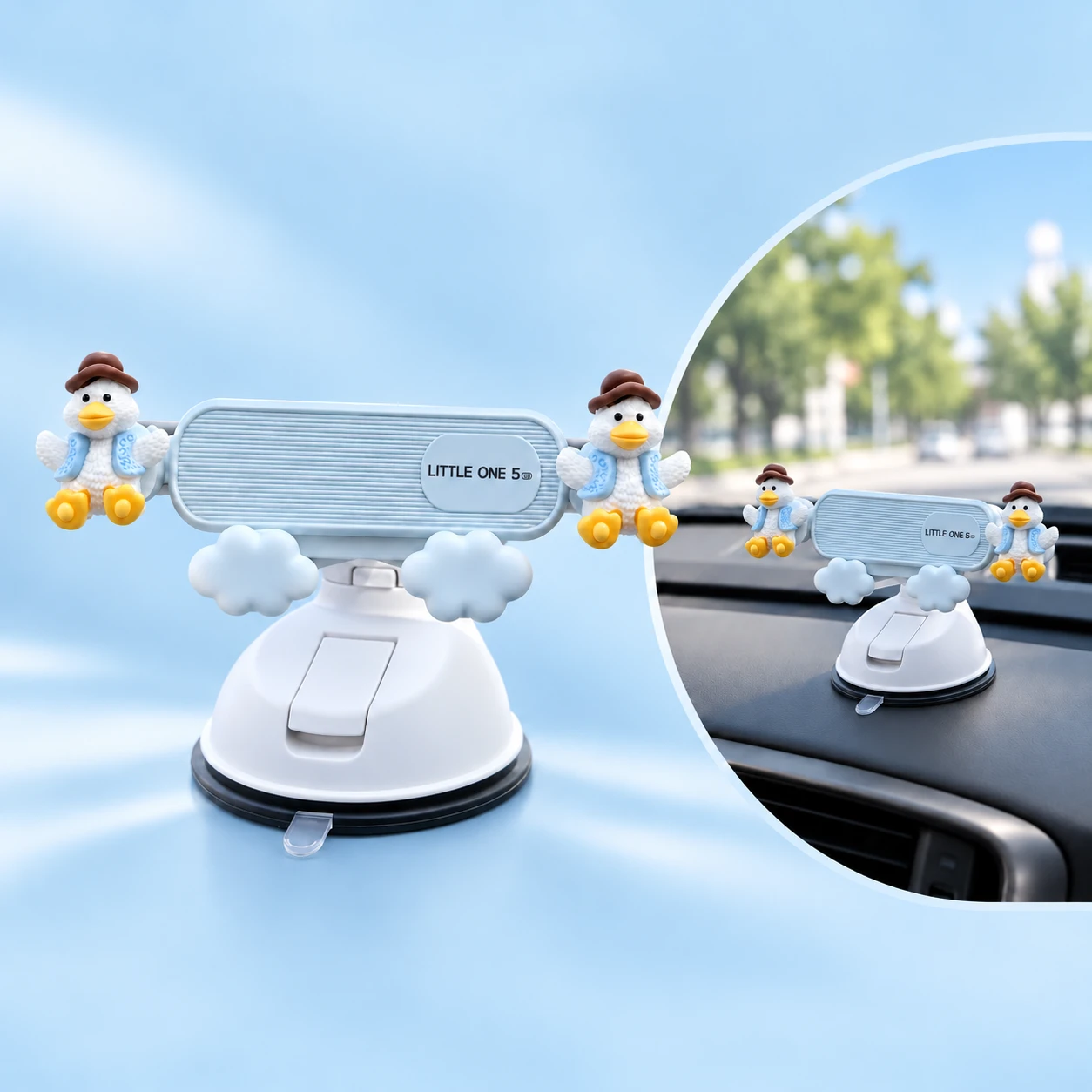 Brown-hat duck phone holder with blue cloud supports and short suction pedestal shown complete and installed empty on a dashboard, square composition