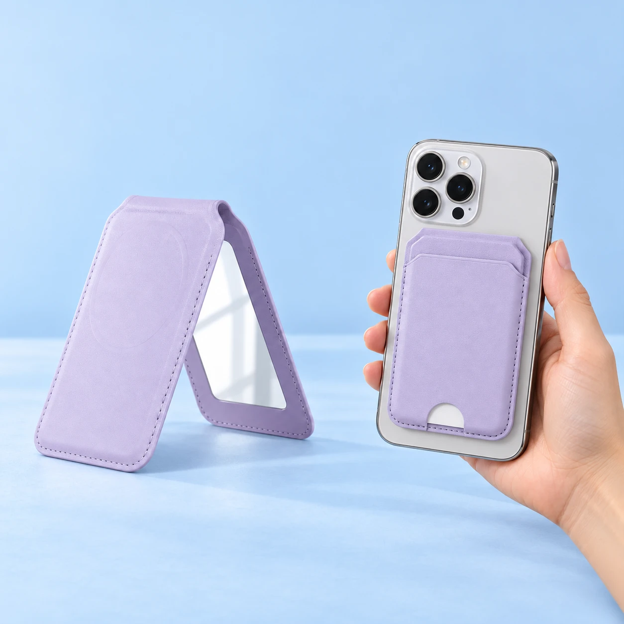 Lilac folding mirror-panel wallet phone stand shown open empty and closed on a phone, square composition