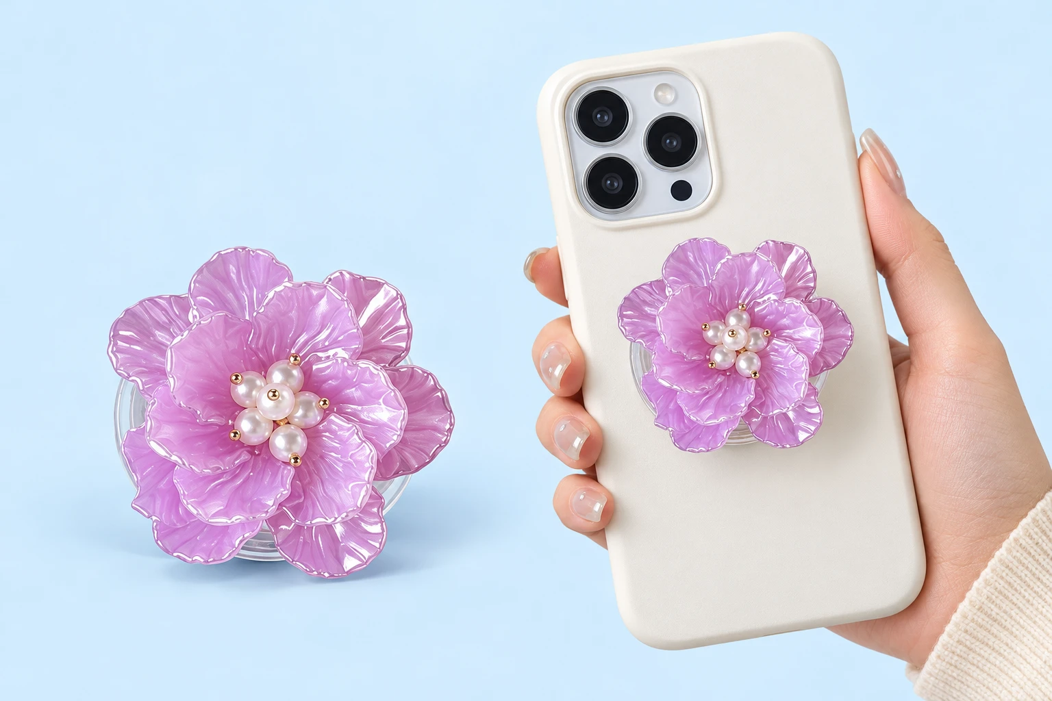 Lilac ruffled flower phone grip with pearl-effect center, shown alone and closed on a phone case