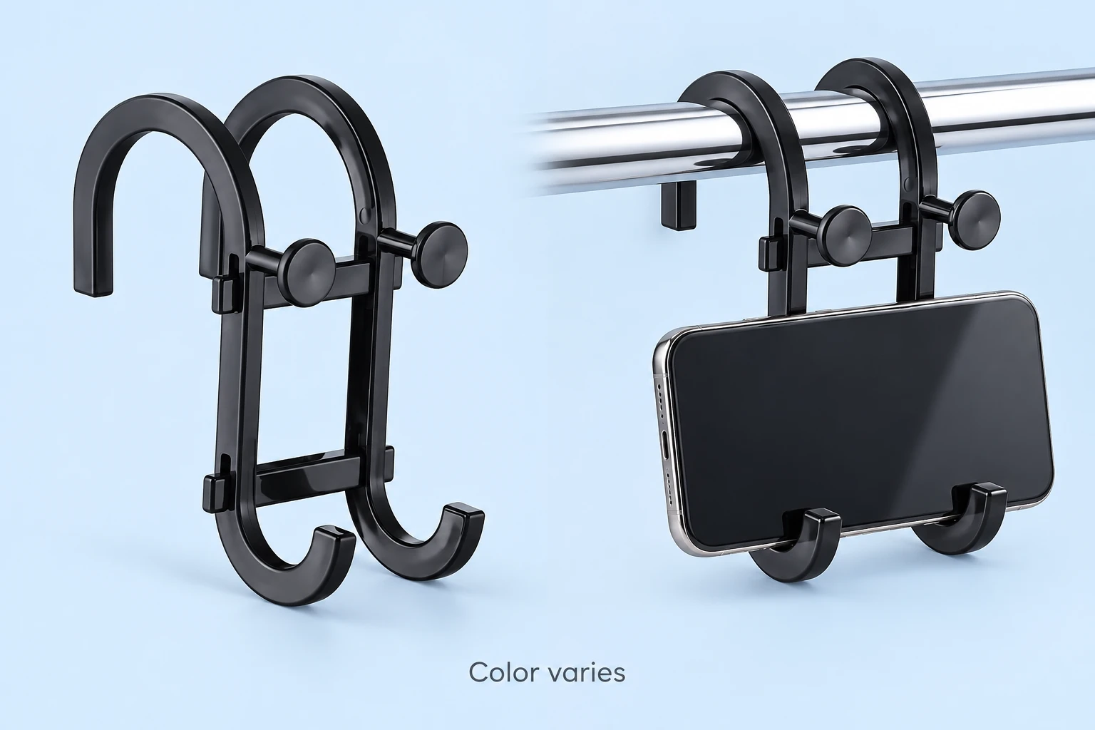 A complete empty black double-S rail-hook phone-support frame on the left and the same example holding a landscape phone on a compatible horizontal rail on the right, on pale blue with Color varies text. One random-color frame is supplied; the actual color may differ. Phone and rail are demonstration props.