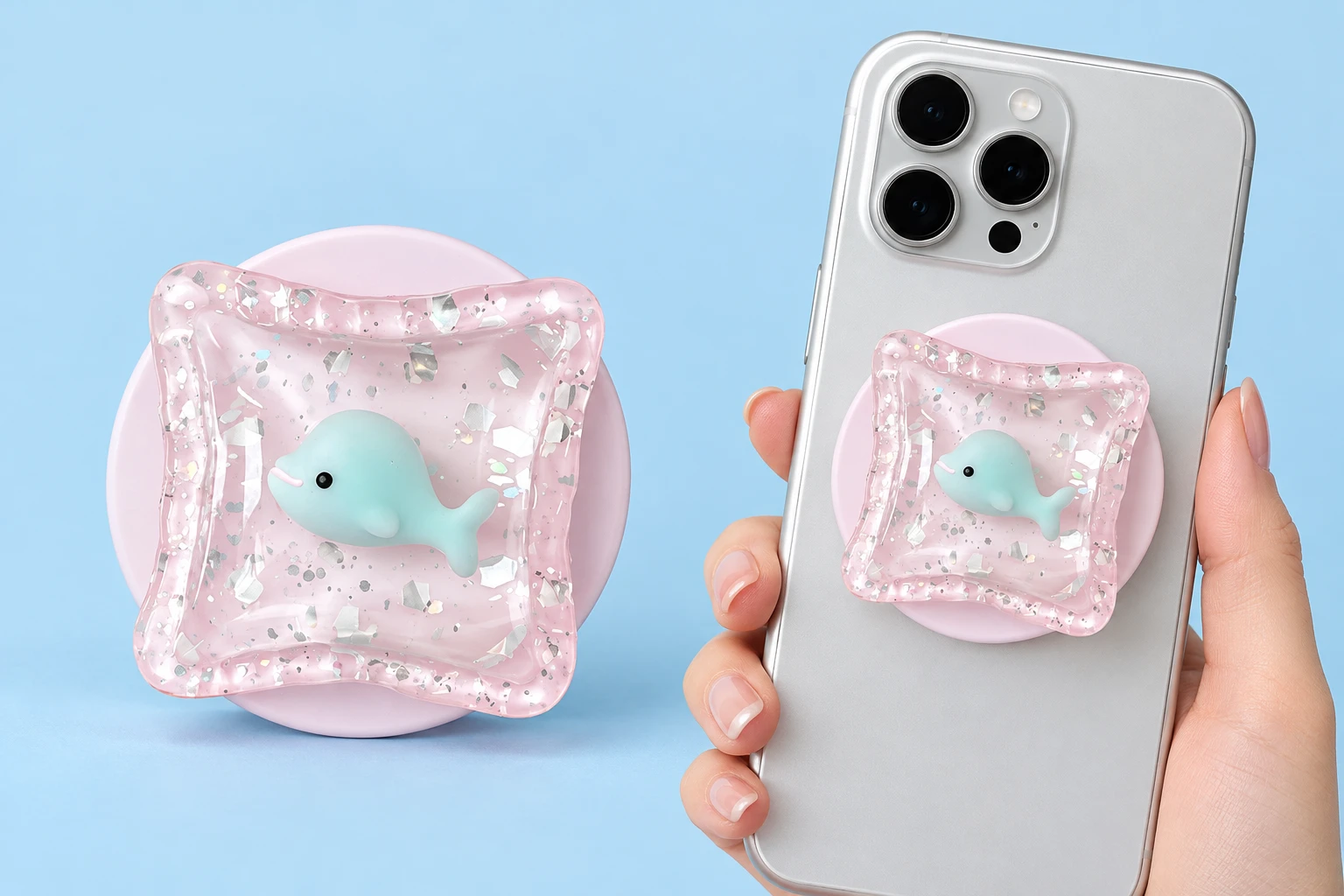 Pale Pink Dolphin Cushion Magnetic Expandable Phone Grip shown alone and in illustrative phone use