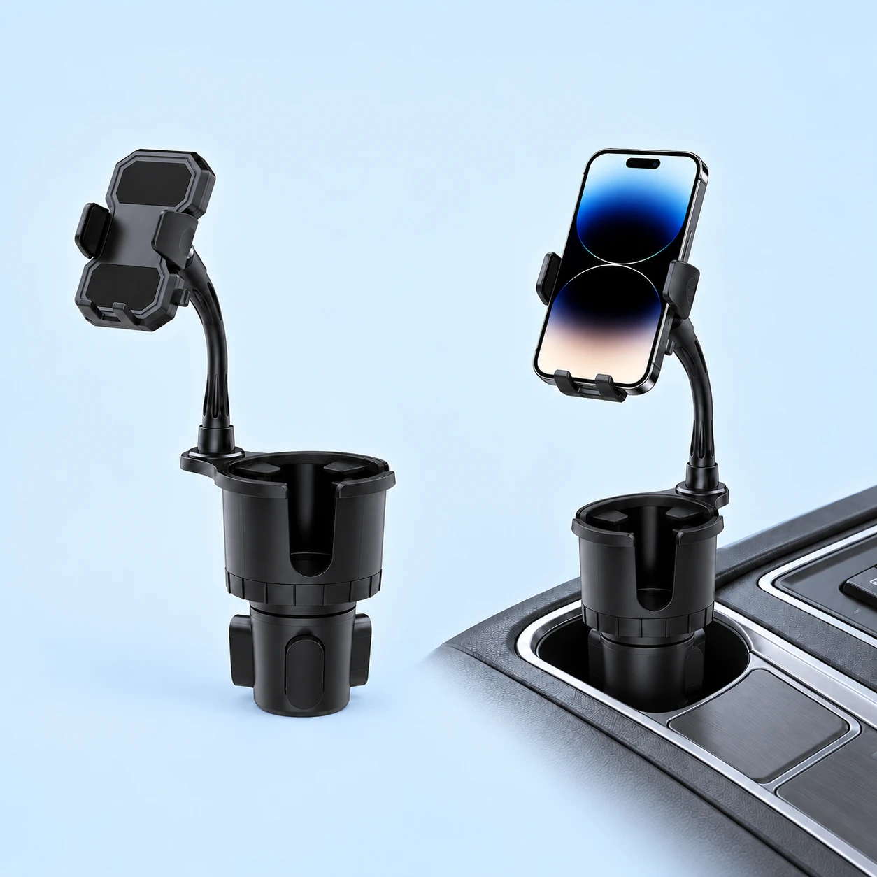 Black Curved-Arm Cup-Recess Phone Holder with Drink Sleeve