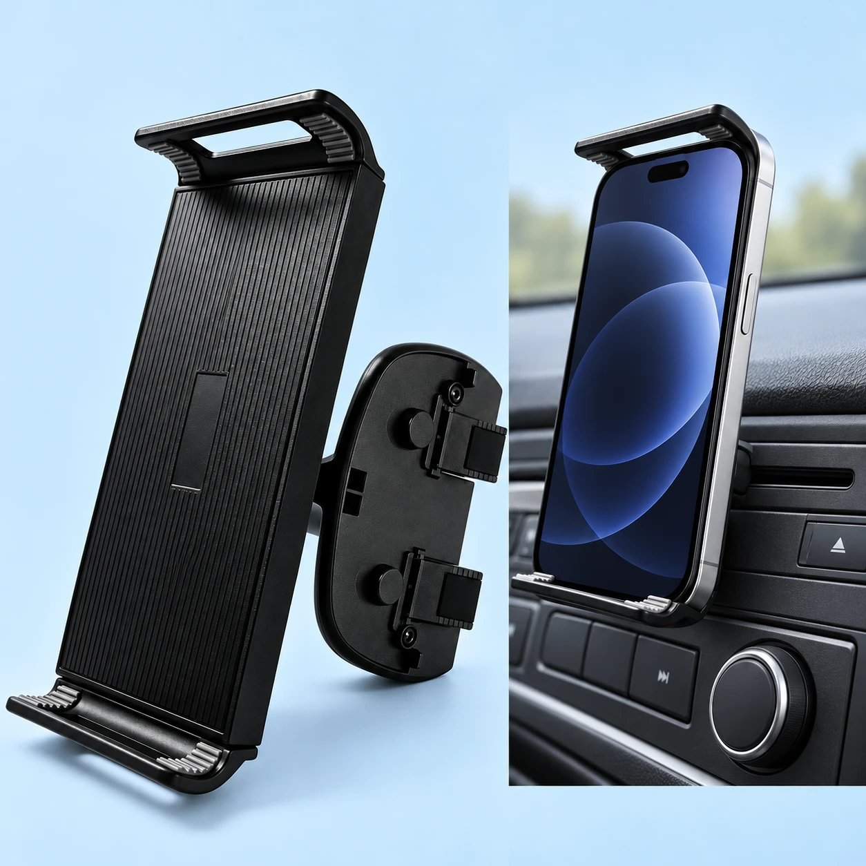 Complete black twin-tab CD-slot phone holder and empty ribbed cradle on the left; the same holder supporting a phone at a stationary radio CD slot on the right, against a pale-blue background.