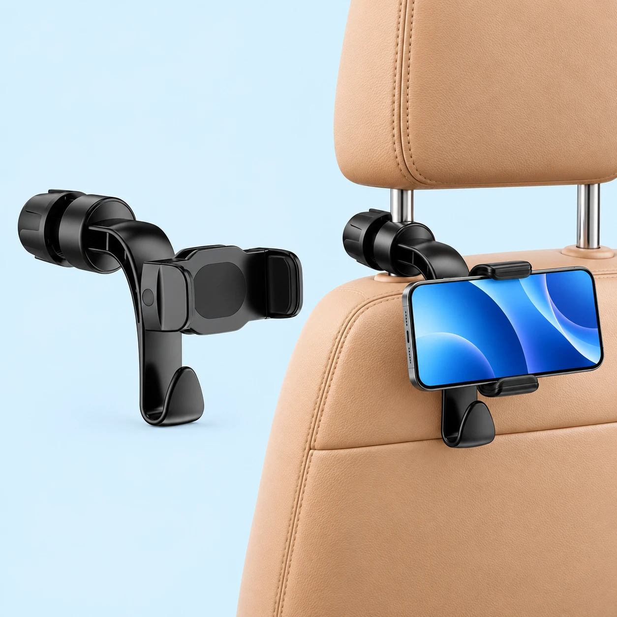 One complete black single-post headrest phone holder with integrated lower hook, shown empty on the left and holding a landscape phone on a compatible stationary seat on the right., square composition