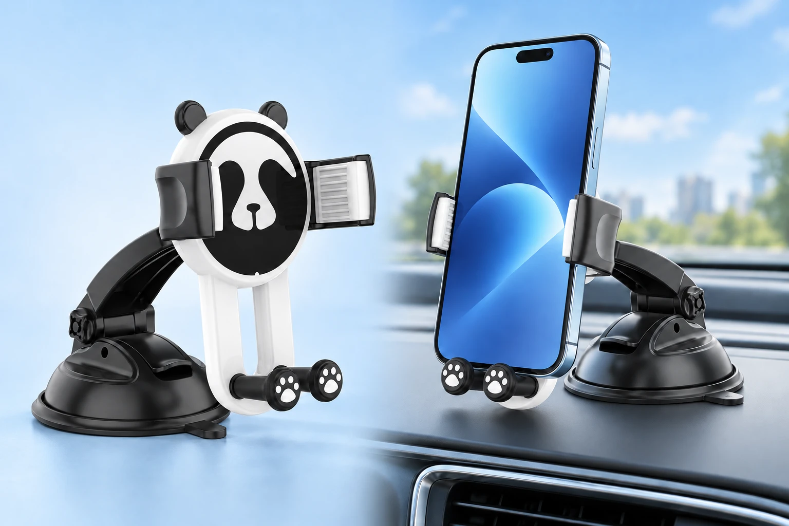 Black-and-white panda suction dashboard holder with mechanical phone clamp