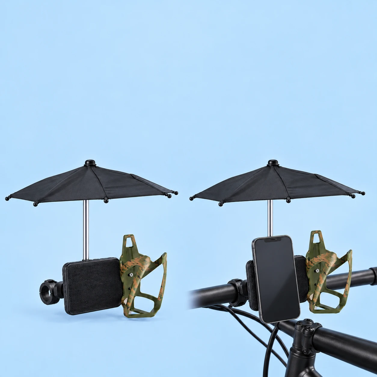 Black hook-and-loop phone panel with original bar clamp, camouflage bottle cage and black canopy; empty product left and stationary compatible-bar phone use right. Phone and bicycle are demonstration items, not included. Two supplied mating patches are not separately illustrated., square composition