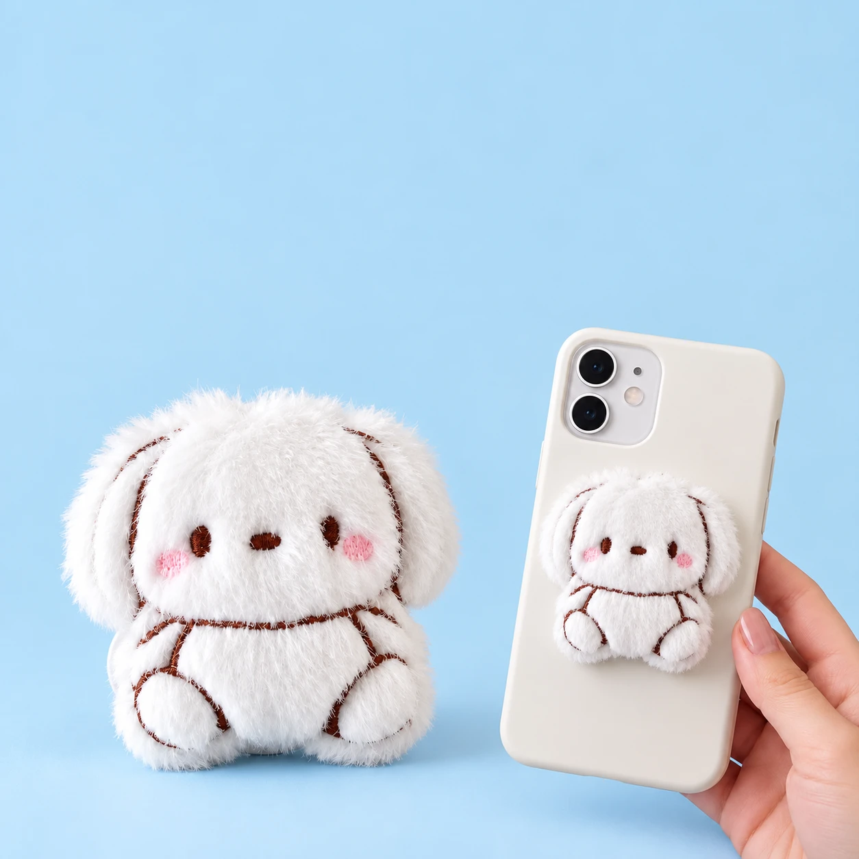 White embroidered seated puppy plush phone grip shown complete and closed on a hand-held phone case, square composition