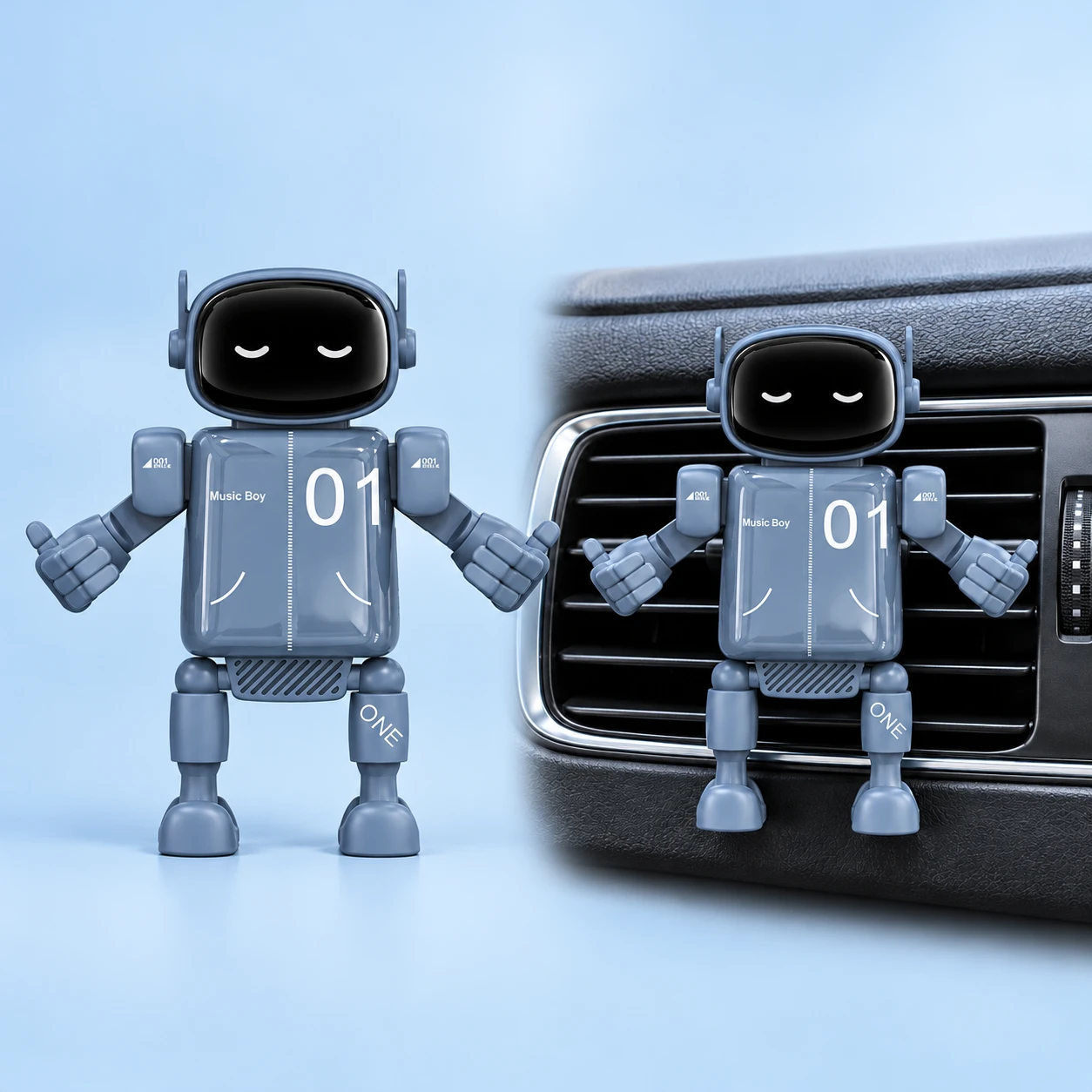 Dusk-blue Music Boy robot car vent phone holder, complete and installed empty, square composition