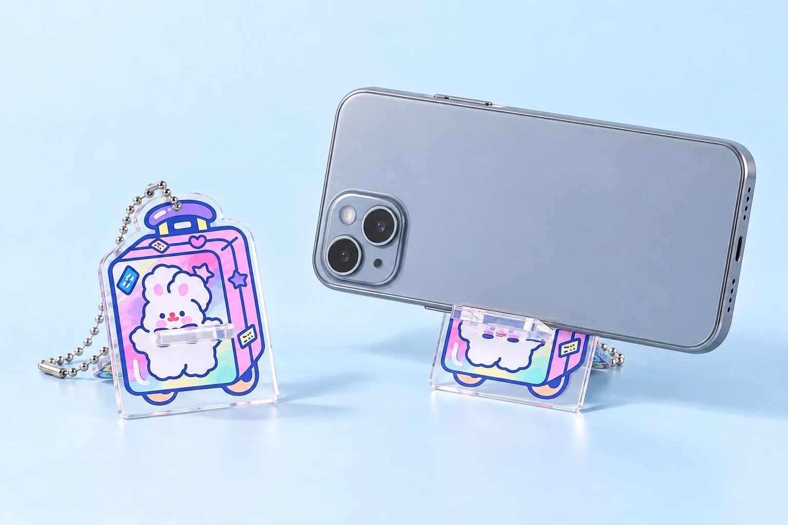 Pastel bunny suitcase acrylic keychain phone stand and landscape phone illustration