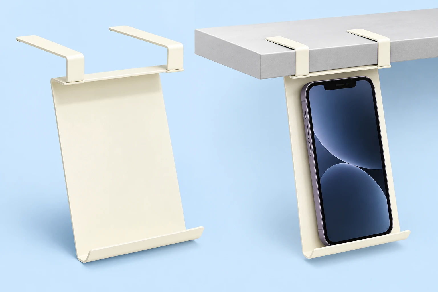 Cream twin-hook hanging shelf phone cradle on pale blue, complete product left and stationary portrait-phone use beneath a shelf right