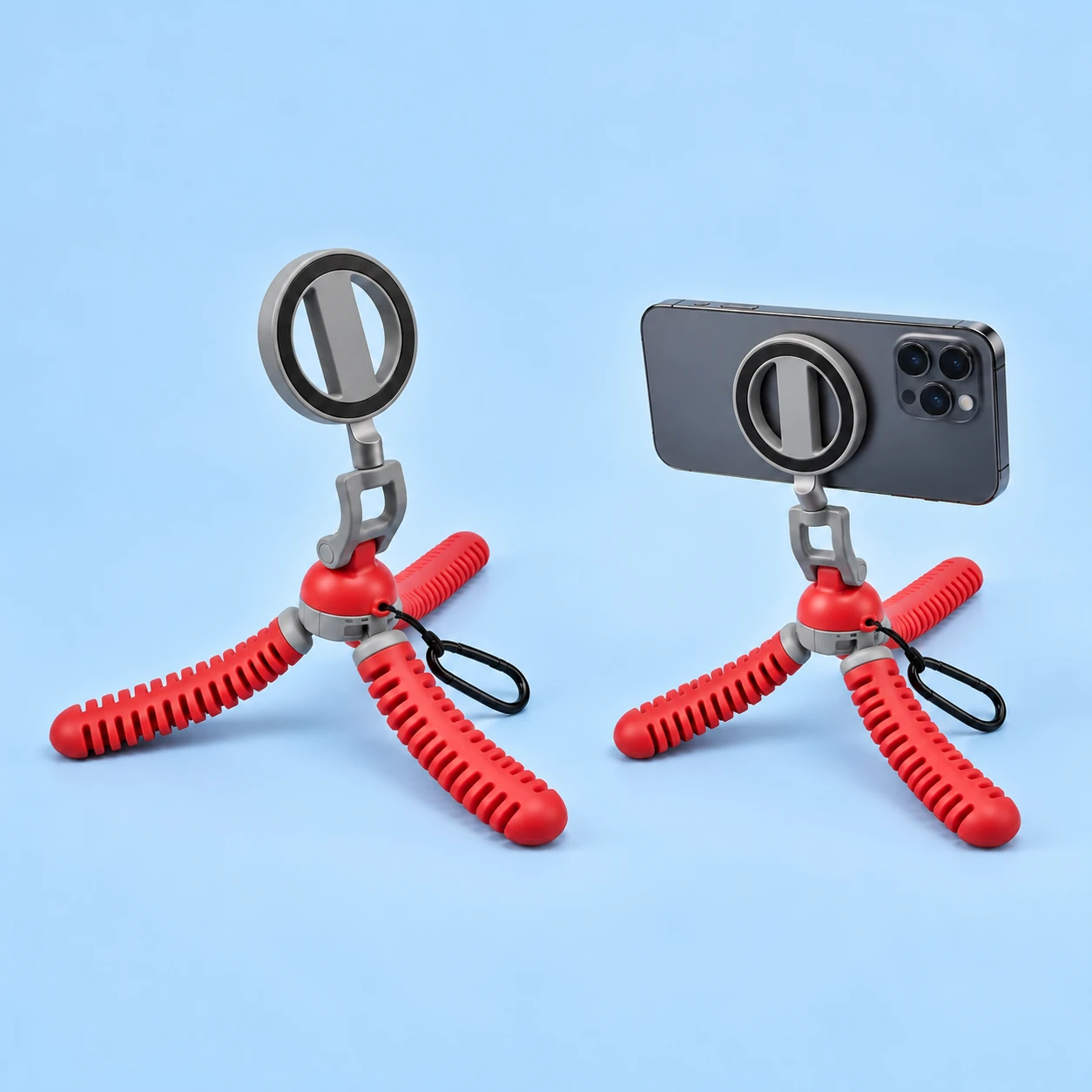 Complete red broad-ribbed three-leg magnetic phone tripod, shown empty and with a landscape phone in its source-supported arrangement, square composition