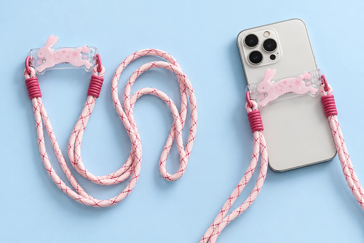Pink leaping-rabbit decorated clear phone clamp with matching patterned long cord