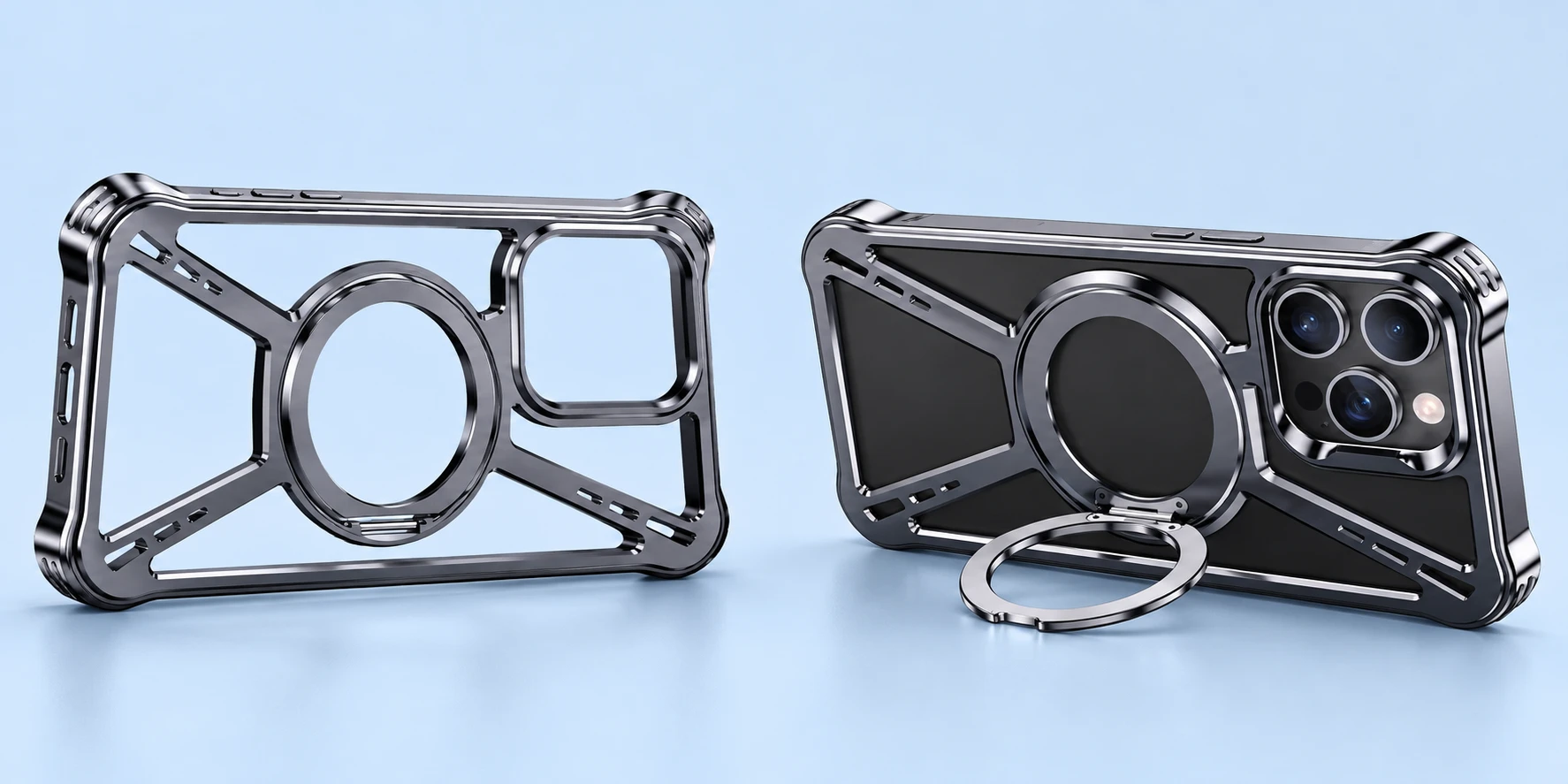 Complete empty gunmetal-black X-frame case with open camera and central apertures on the left, alongside a fitted phone supported in rear landscape view by the original single hinged ring on pale blue. Phone shown for context only.