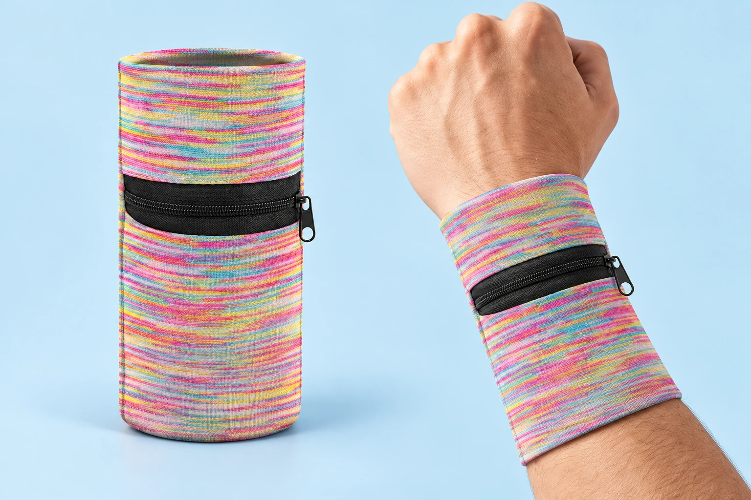 Rainbow Zip-Pocket Forearm Sleeve; product and illustrative use on pale blue. Phone and scene props excluded.