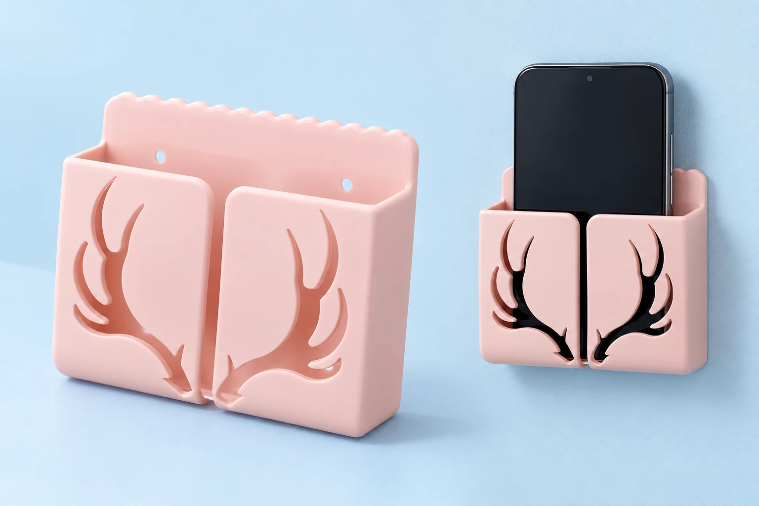 Pastel Pink Antler-Cutout Adhesive Wall Phone Pocket photo